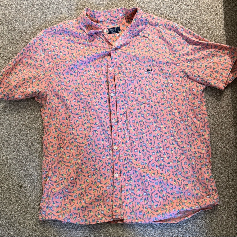 Vineyard Vines Men's Coral and Blue Patterned Shirt